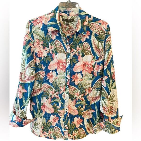 Tommy Bahama Sz S Teal Pink Hibiscus Linen Summer Button Down Collar Shirt - Picture 1 of 7